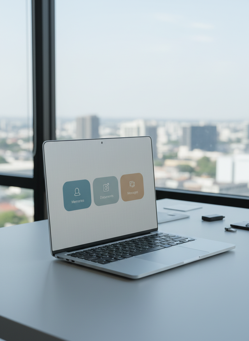 A sleek, closed silver laptop with a subtle brushed-metal texture rests at the exact center of a pale grey, matte desk surface. On the screen, visible at a slight angle, is a calm dashboard interface with organized cards labeled “Memories,” “Documents,” and “Messages,” styled in soft blues and muted sand tones. Behind the laptop, a faintly blurred city skyline is visible through a large glass window, suggesting stability and continuity. Cool, diffused daylight enters from the left, creating gentle reflections on the laptop edge and crisp, understated shadows. Shot from a slightly elevated, three-quarter angle with a balanced, rule-of-thirds composition and sharp focus throughout. The photographic realism and clean, modern corporate aesthetic convey trust, preparation, and quiet reassurance about digital legacy.