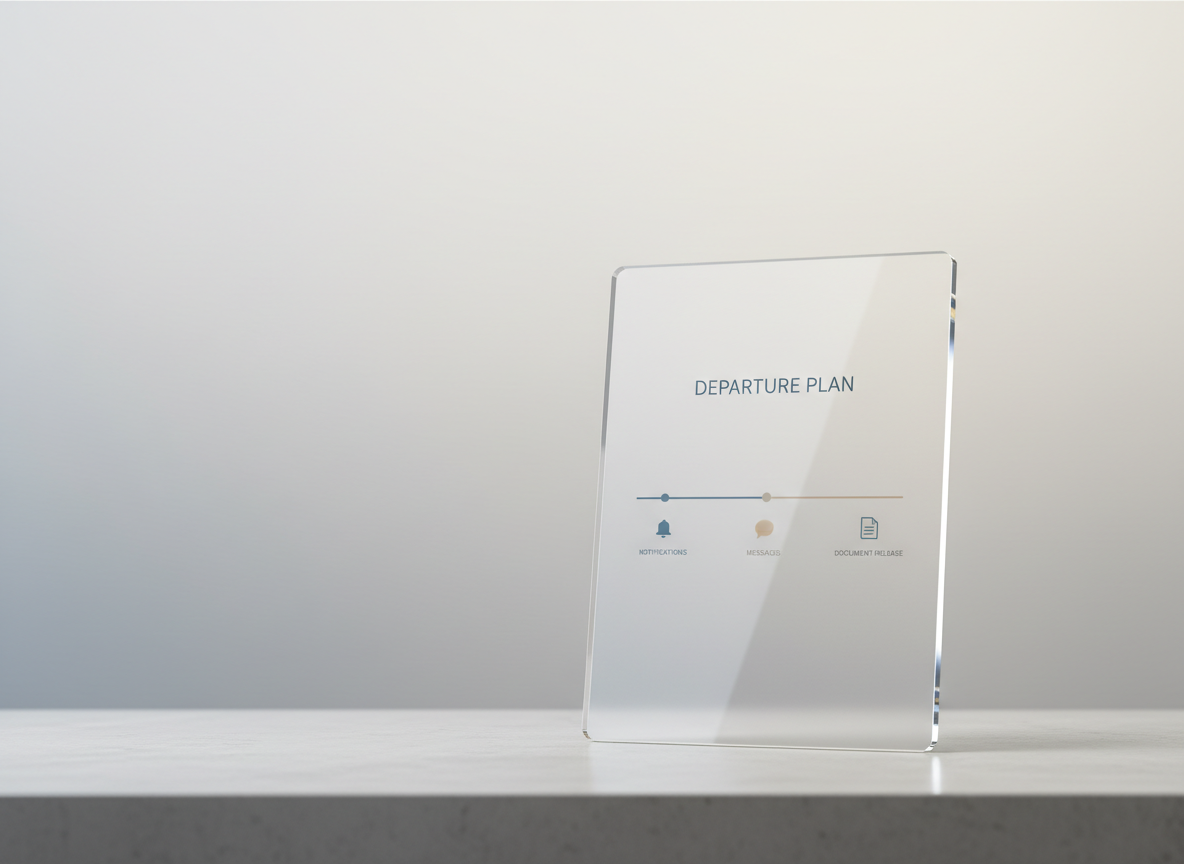 A large, semi-transparent acrylic tablet stands upright on a polished, light stone surface, displaying a serene interface labeled “Departure Plan” in understated sans-serif typography. The interface features a simple timeline with markers for notifications, messages, and document releases, all in muted blue-grey and warm beige accents. Behind the tablet, a softly blurred gradient wall transitions from cool grey at the bottom to gentle off-white at the top, symbolizing continuation. Soft studio lighting from the right creates a clean reflection along the tablet edge and a faint, controlled shadow on the surface. Framed with a rule-of-thirds composition at an eye-level angle, the image maintains sharp focus on the tablet while the background quietly recedes. The photographic, clean corporate aesthetic suggests calm, structured support when death inevitably arrives.