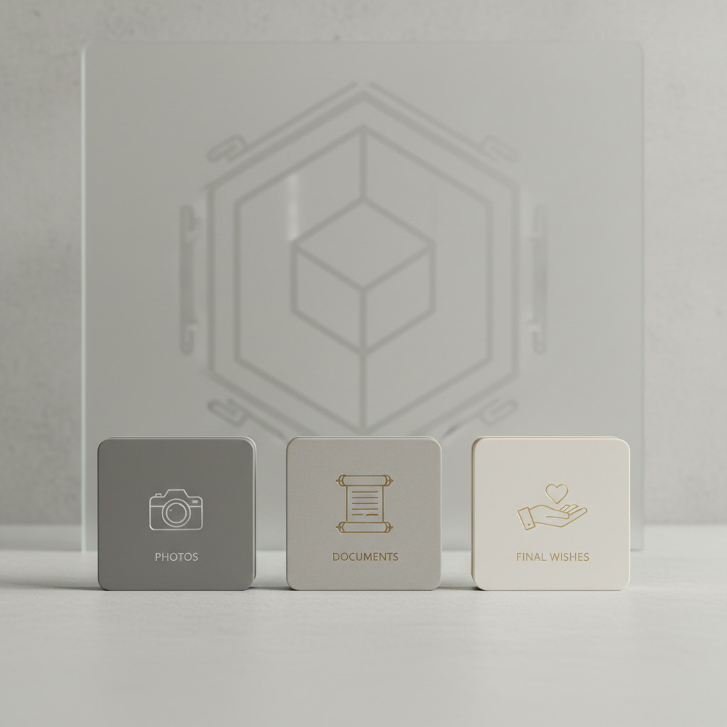 An orderly arrangement of three archival-quality, matte-finish storage drives in soft graphite, stone, and off-white tones stands on a smooth, light concrete surface. Each drive has a minimalist label engraved with discrete icons for photos, documents, and final wishes, rendered in subtle metallic ink. Behind them, a translucent, frosted glass panel suggests a secure, protected vault, with a faint geometric pattern symbolizing encryption. Neutral, diffused studio lighting from above and slightly to the right casts controlled, soft shadows and crisp edges. Captured at eye level with a centered, symmetrical composition and shallow depth of field that keeps the drives in sharp focus while the background gently blurs. The photographic, clean-lined image evokes professionalism, security, and long-term preservation of one’s digital legacy.