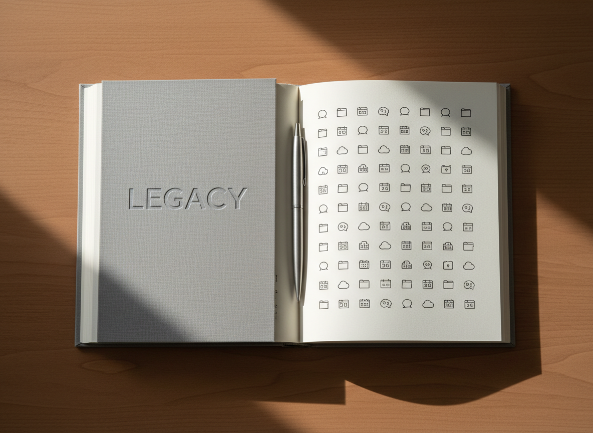 A refined, hardcover book with a textured, linen-like ash-grey cover and debossed silver title reading “Legacy” lies open on a walnut-toned desk with a satin finish. Inside, neatly printed pages show small icons of cloud folders, message bubbles, and calendar dates, arranged in a structured, grid-like layout. A slim, brushed-steel pen rests precisely along the book’s spine, hinting at careful planning. Neutral daylight from a nearby unseen window washes softly across the setup, creating delicate highlights along the pen and page edges, with restrained, linear shadows. Shot from a slightly elevated, overhead perspective with a clean, rectangular framing that emphasizes order and clarity. The photographic realism and minimalist corporate style evoke thoughtful preparation and the intentional design of one’s digital afterlife.